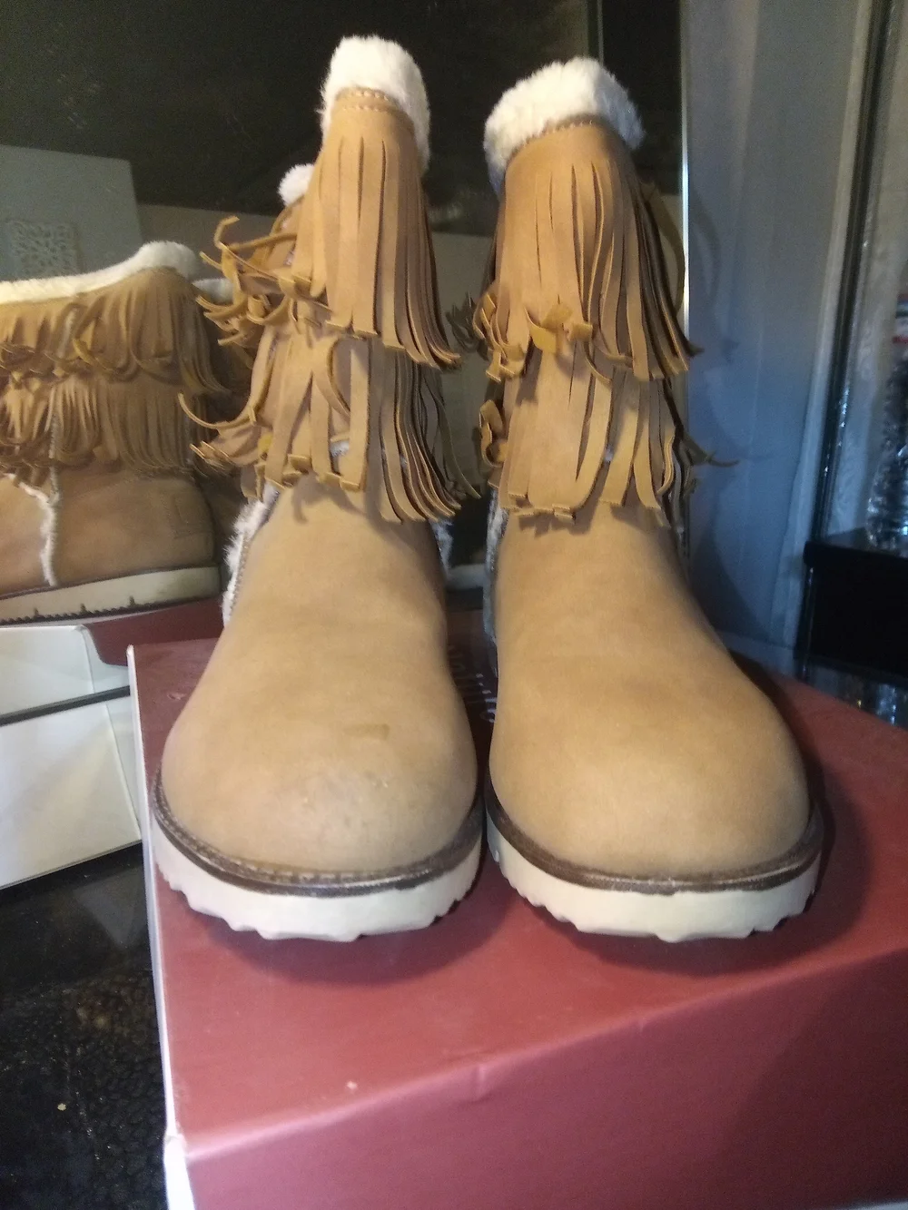 Nature Breeze Tan Fringe Faux-Shearling Ankle Boots